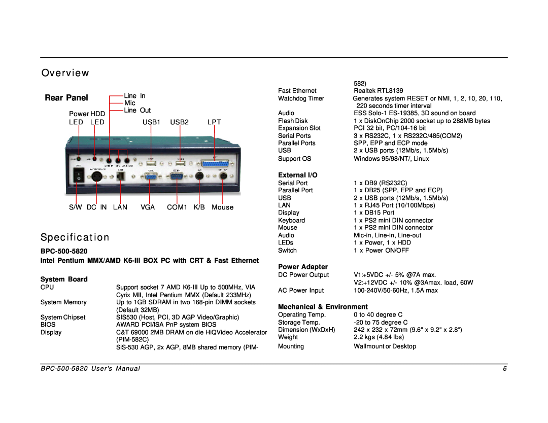 Intel BPC-500-5820 user manual Overview, Specification, Rear Panel, External I/O, System Board, Power Adapter 