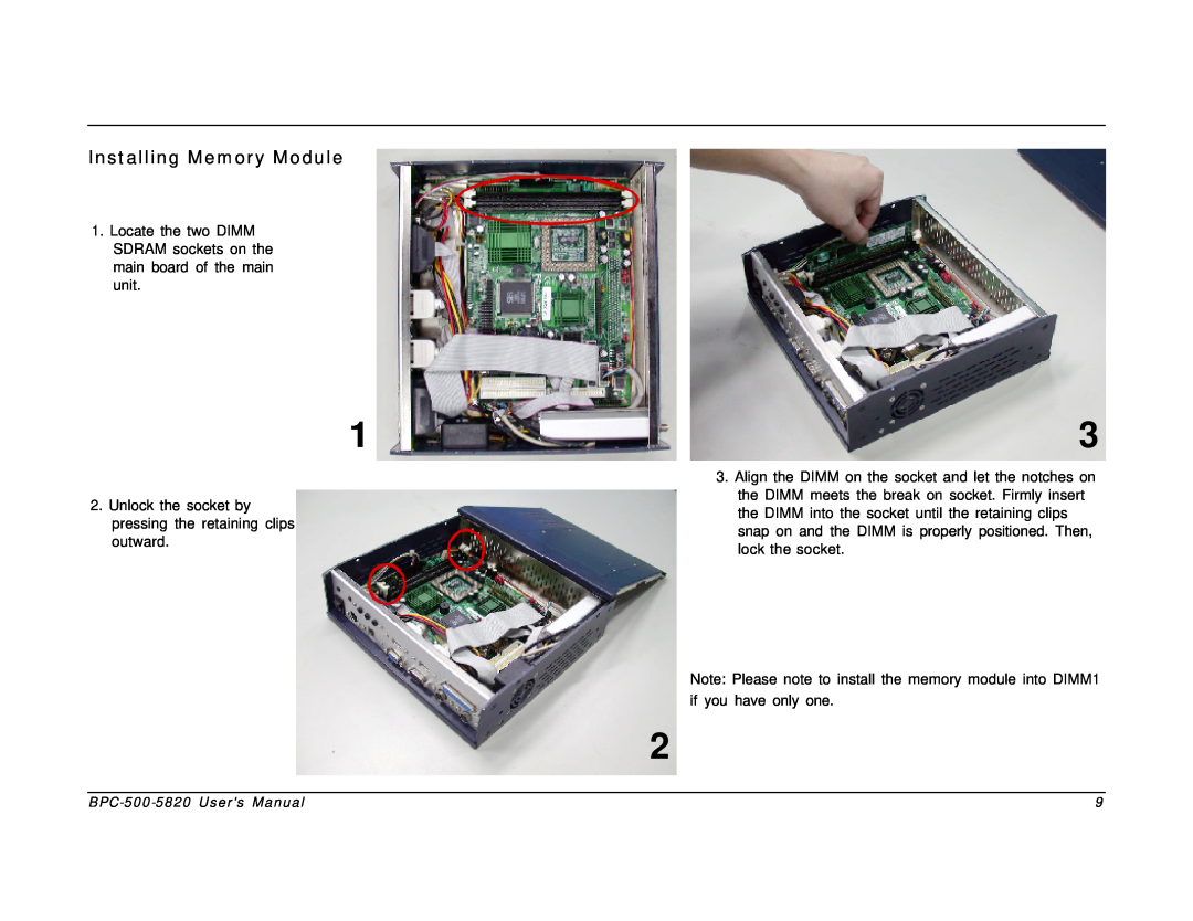 Intel BPC-500-5820 user manual Installing Memory Module 