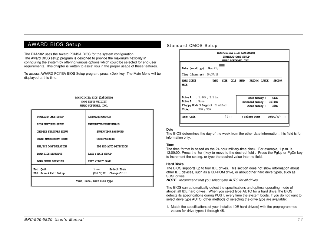 Intel BPC-500-5820 user manual Award Bios Setup, Standard Cmos Setup, 44M , 3.5, None 