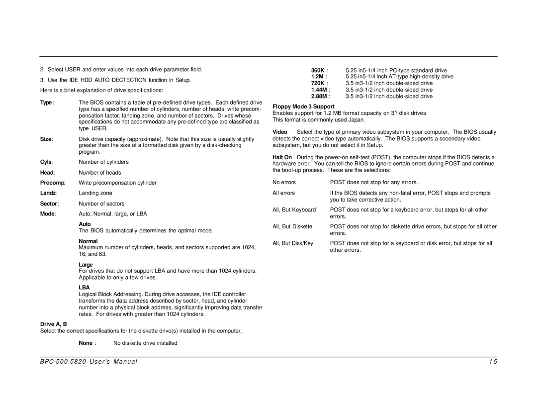 Intel BPC-500-5820 user manual Auto, Normal, Large, Drive A, B, Floppy Mode 3 Support 