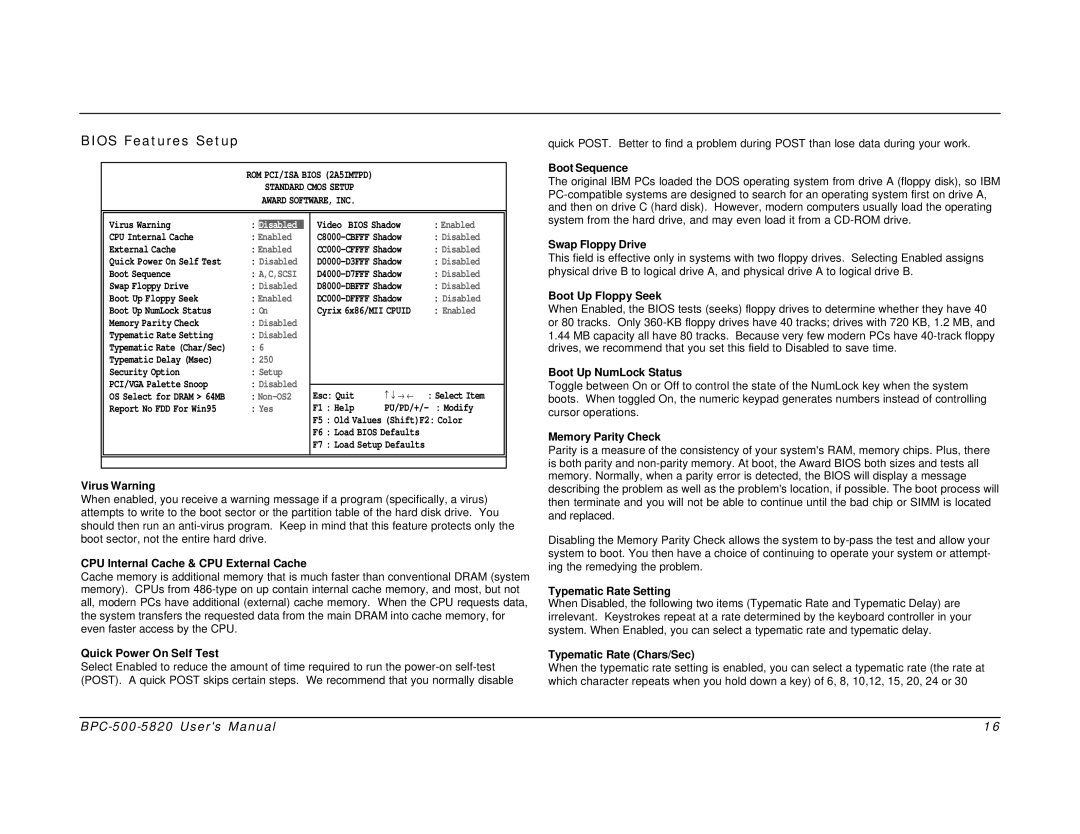 Intel BPC-500-5820 user manual Bios Features Setup, Enabled, 250, Yes 