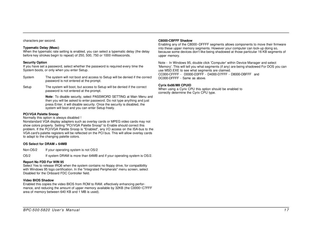 Intel BPC-500-5820 user manual Typematic Delay Msec, Security Option, PCI/VGA Palette Snoop, OS Select for Dram 64MB 