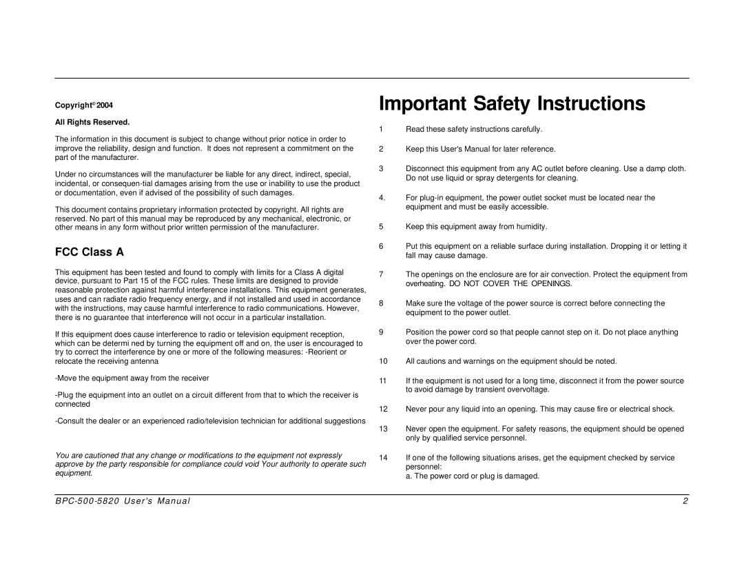 Intel BPC-500-5820 user manual FCC Class a, Copyright All Rights Reserved 