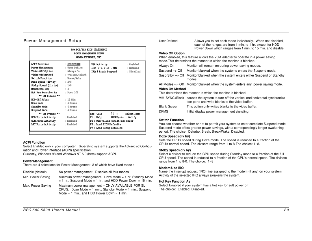 Intel BPC-500-5820 user manual Power Management Setup, Always On, Poer Off, 15 Min, Hours 