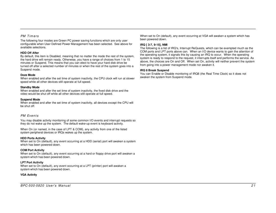 Intel BPC-500-5820 user manual HDD Off After, Doze Mode, Standby Mode, Suspend Mode, HDD Ports Activity, COM Port Activity 