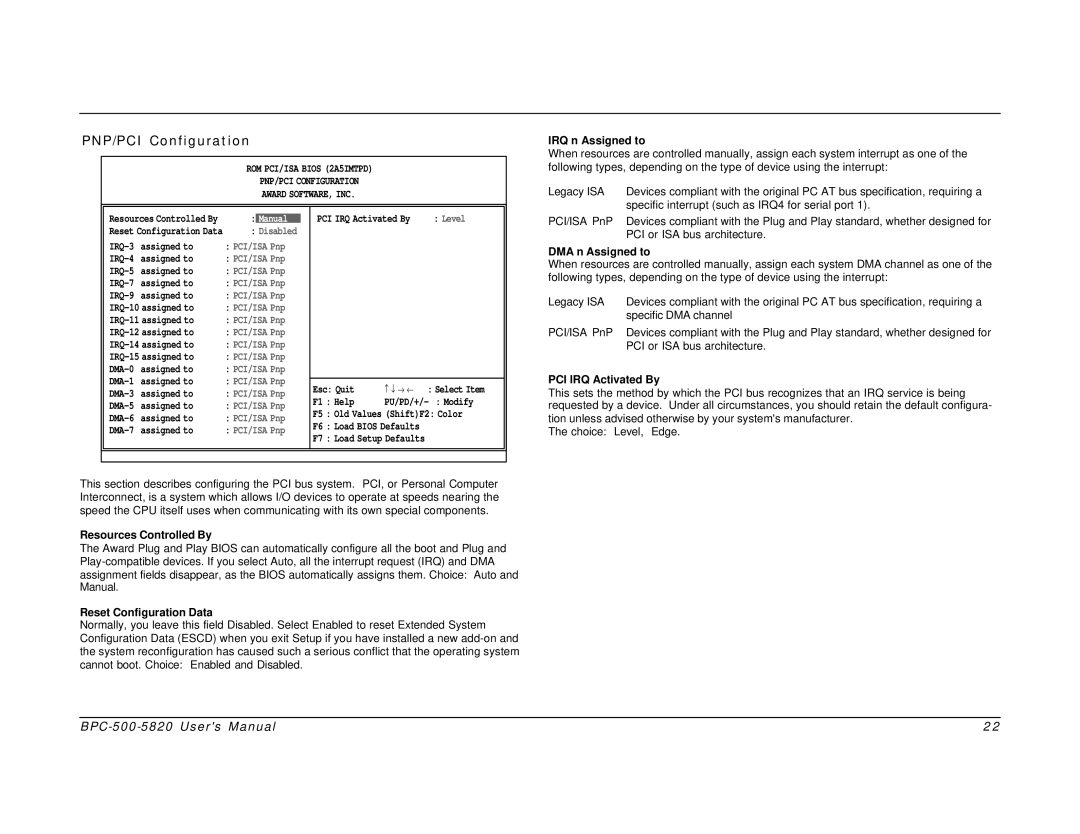 Intel BPC-500-5820 user manual PNP/PCI Configuration, Level 