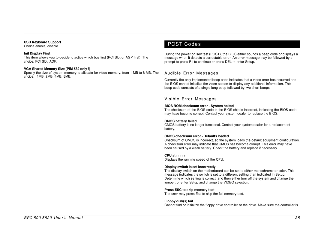 Intel BPC-500-5820 user manual Post Codes, Audible Error Messages, Visible Error Messages 