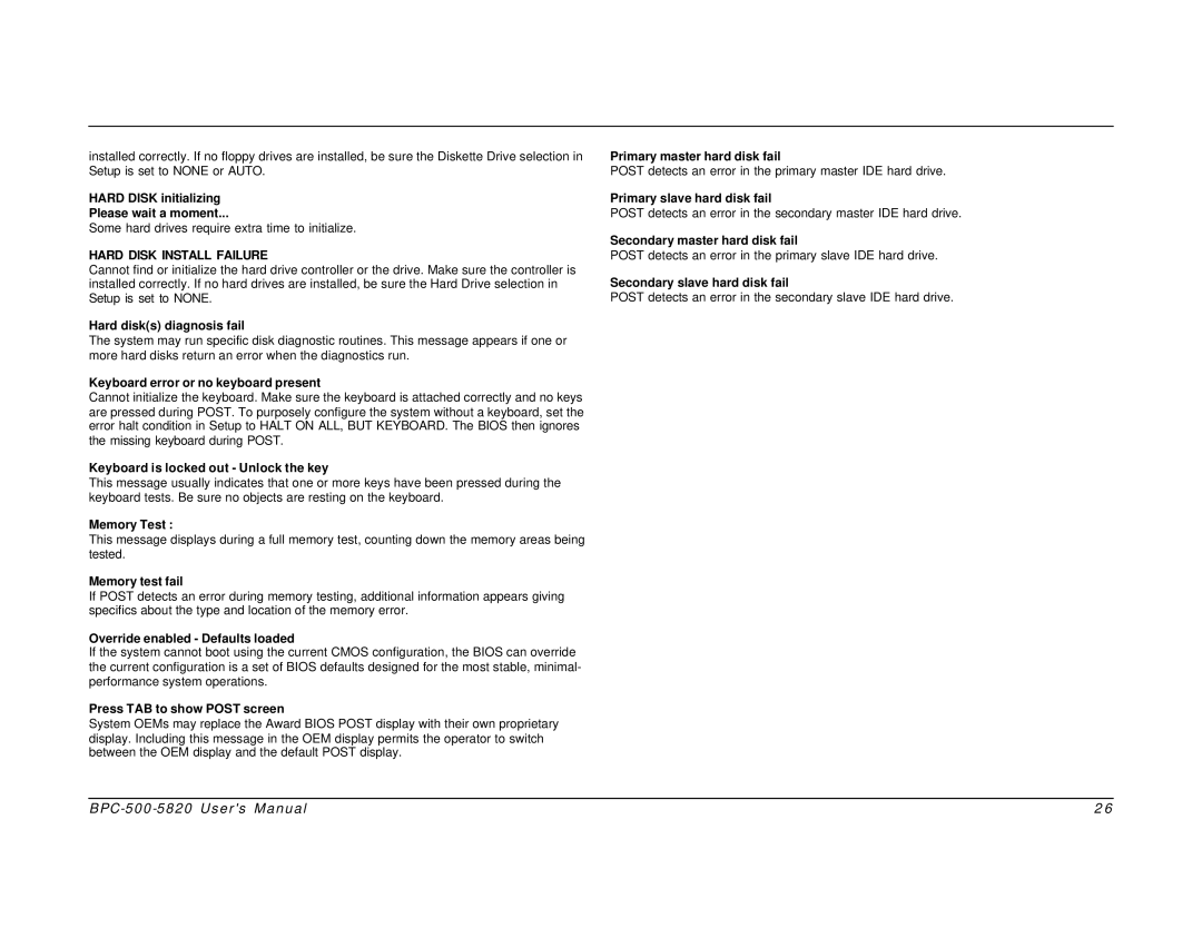 Intel BPC-500-5820 Hard Disk initializing Please wait a moment, Hard disks diagnosis fail, Memory Test, Memory test fail 