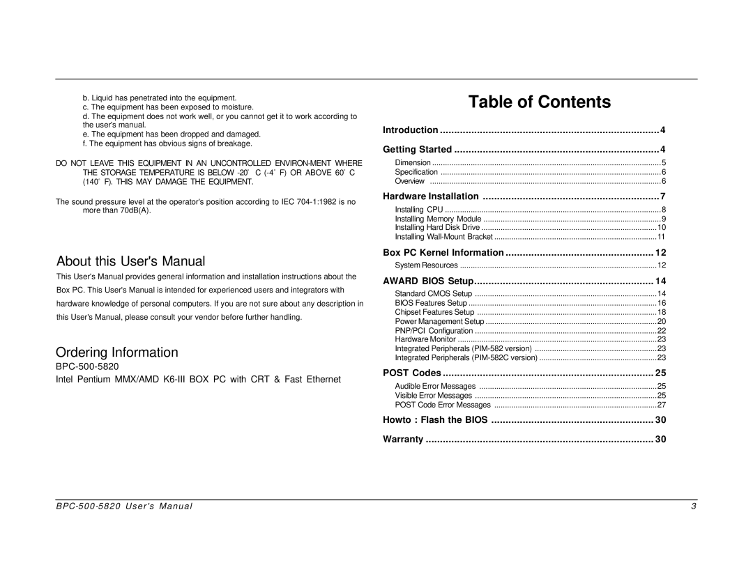 Intel BPC-500-5820 user manual Table of Contents 