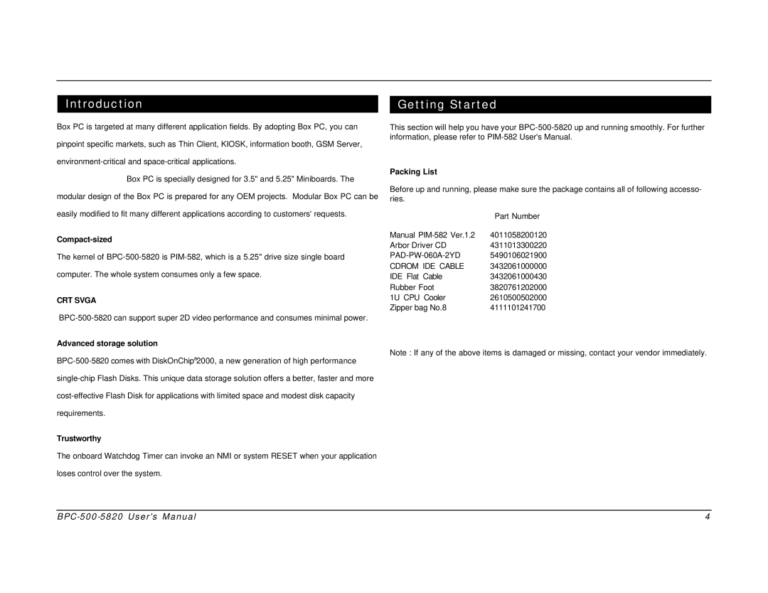 Intel BPC-500-5820 user manual Introduction, Getting Started 