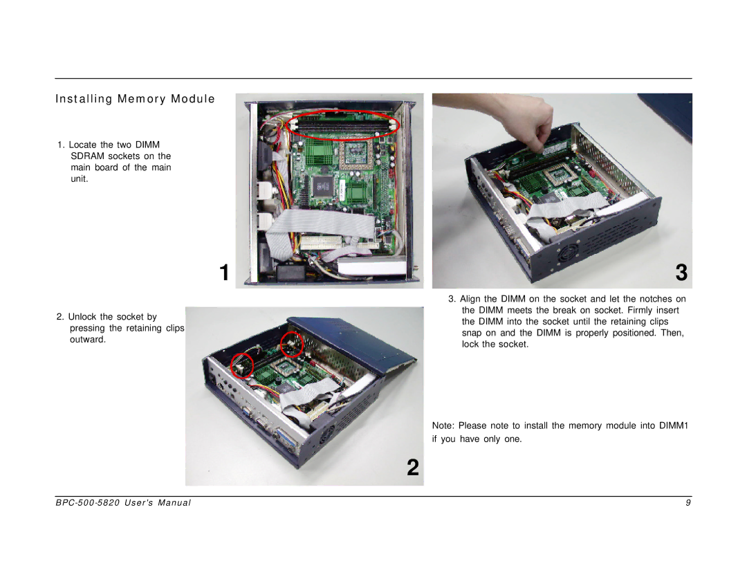 Intel BPC-500-5820 user manual Installing Memory Module 