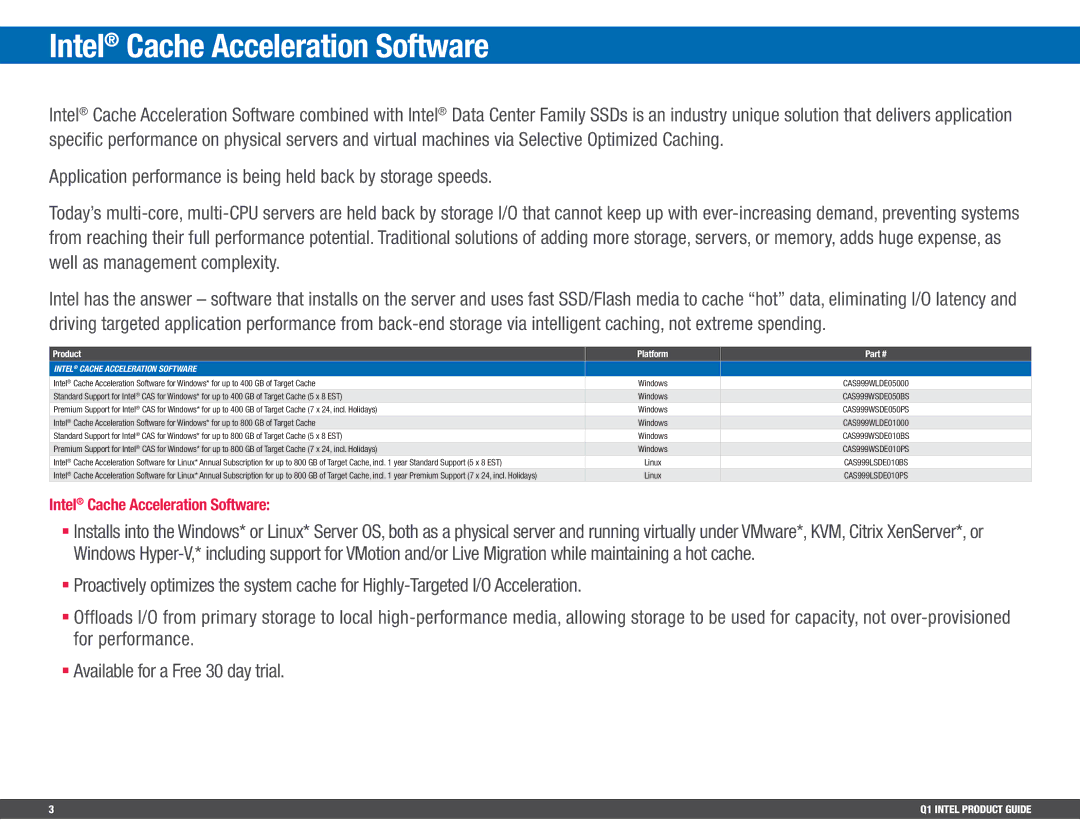 Intel BV80605001908AK, BX80647I74800MQ manual Intel Cache Acceleration Software, Product Platform 