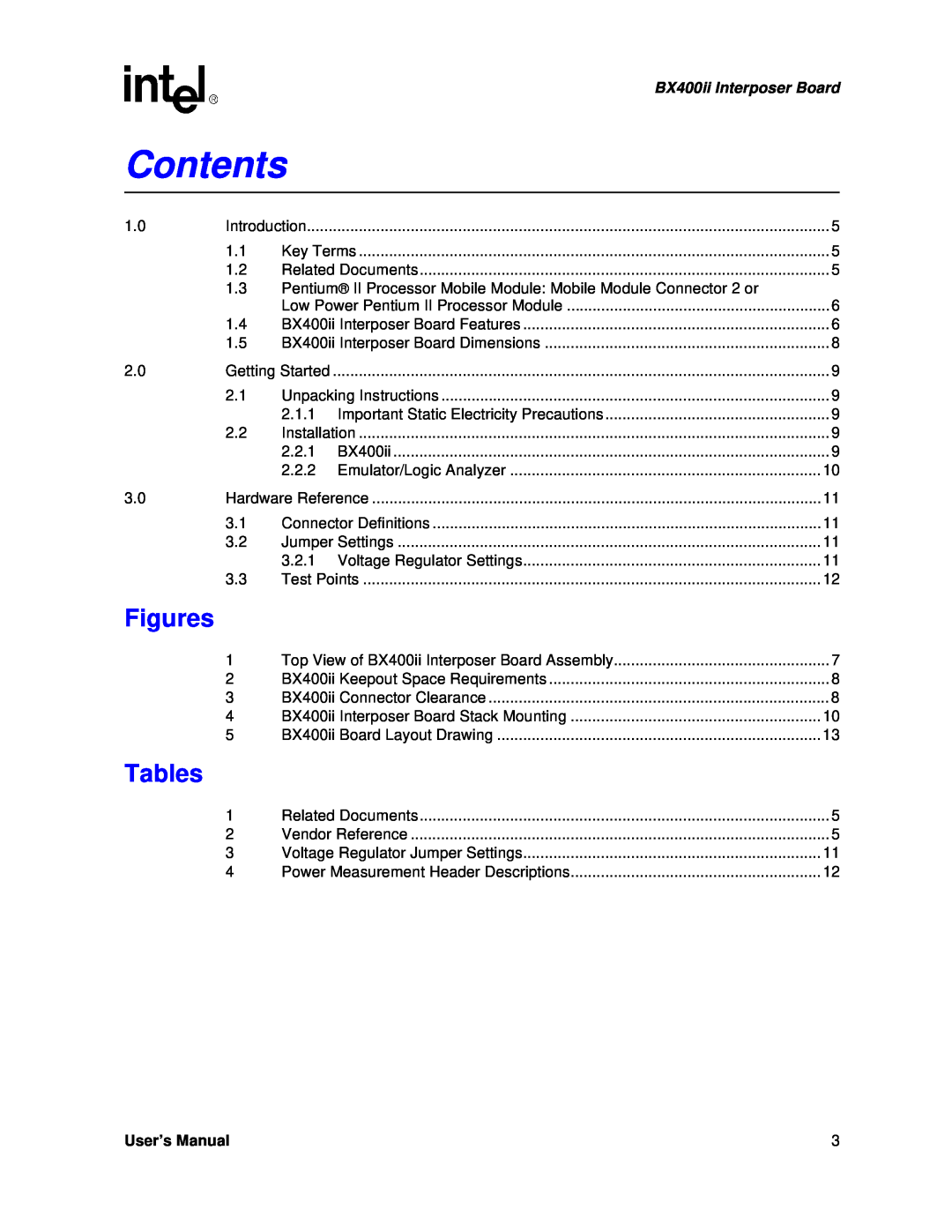 Intel BX400II user manual Contents, Figures, Tables, BX400ii Interposer Board 