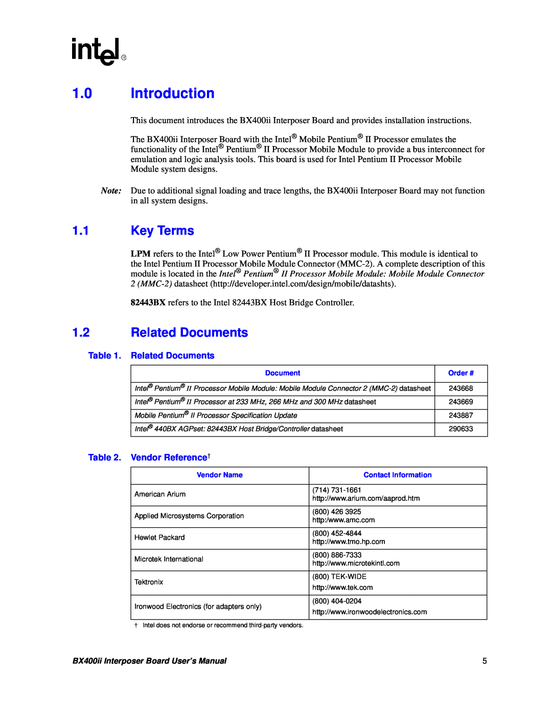 Intel BX400II user manual 1.0Introduction, 1.1Key Terms, 1.2Related Documents, Vendor Reference† 