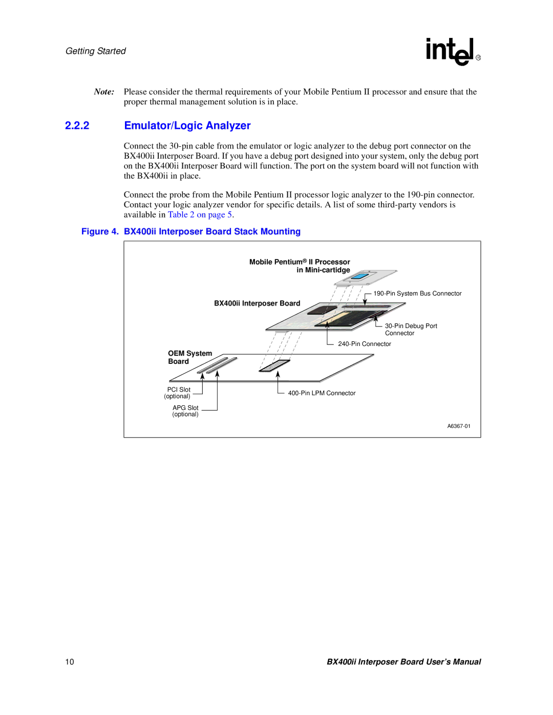 Intel BX400II user manual Emulator/Logic Analyzer, BX400ii Interposer Board Stack Mounting 