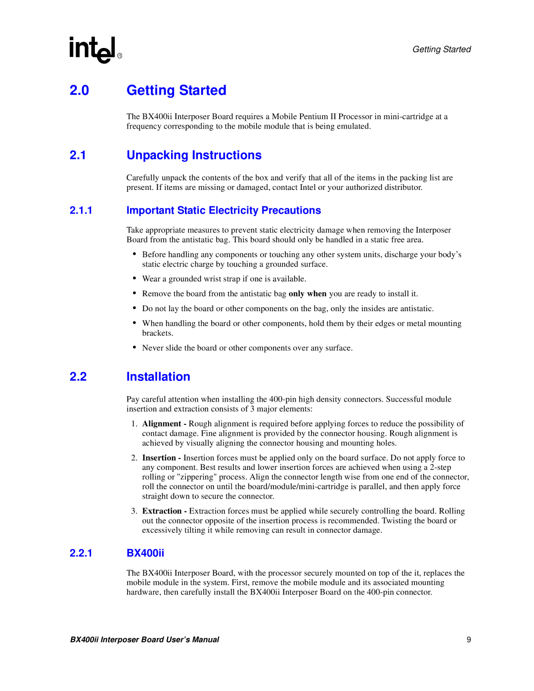 Intel BX400II Getting Started, Unpacking Instructions, Installation, Important Static Electricity Precautions, 1 BX400ii 