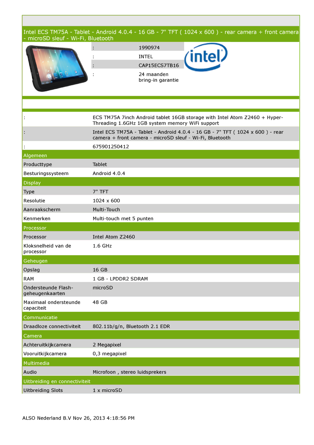 Intel manual Intel CAP15ECS7TB16, RAM GB LPDDR2 Sdram 