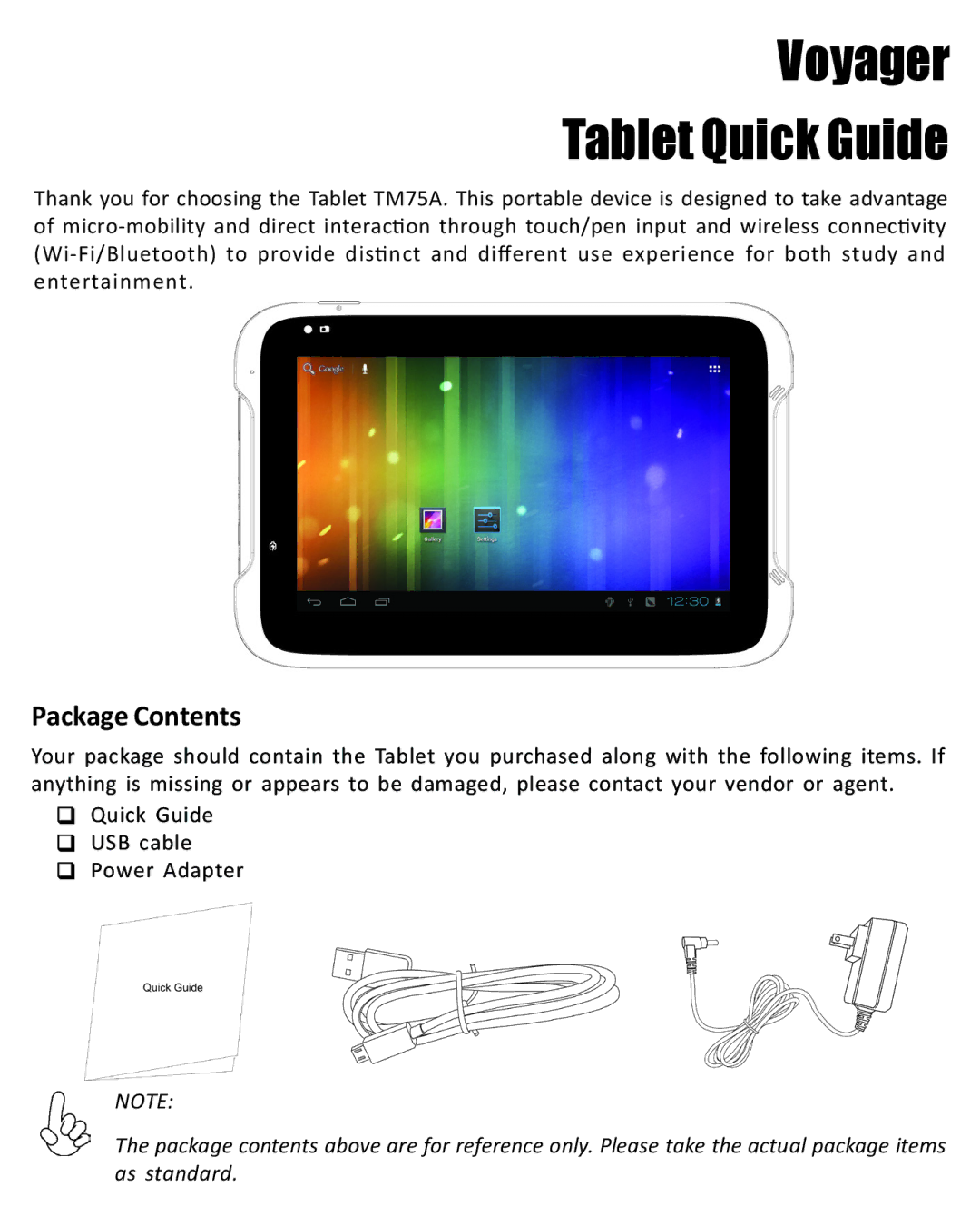 Intel CAP15ECS7TB manual Voyager Tablet Quick Guide, Package Contents 