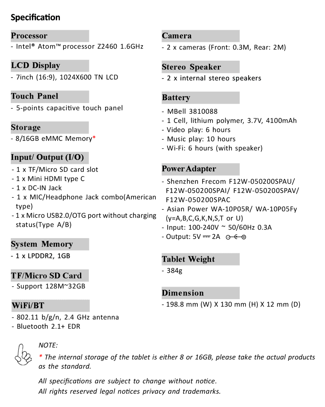 Intel CAP15ECS7TB manual Speciﬁcation, Input/ Output I/O 