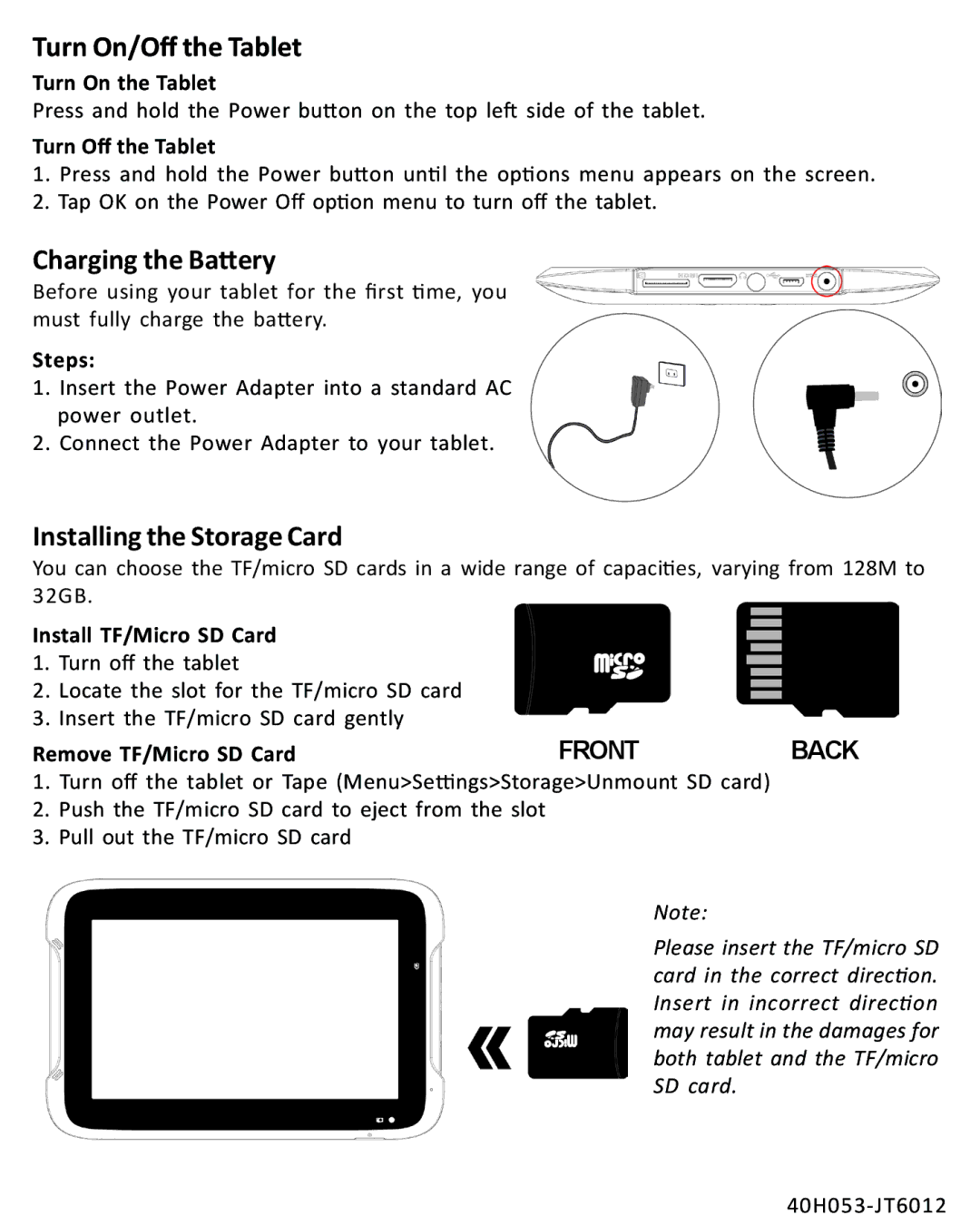 Intel CAP15ECS7TB manual Turn On/Oﬀ the Tablet, Charging the Battery, Installing the Storage Card 