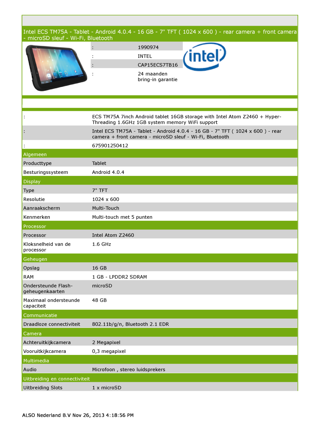 Intel CAP15ECS7TB manual Algemeen, Display, Processor, Geheugen, Communicatie, Camera, Multimedia 