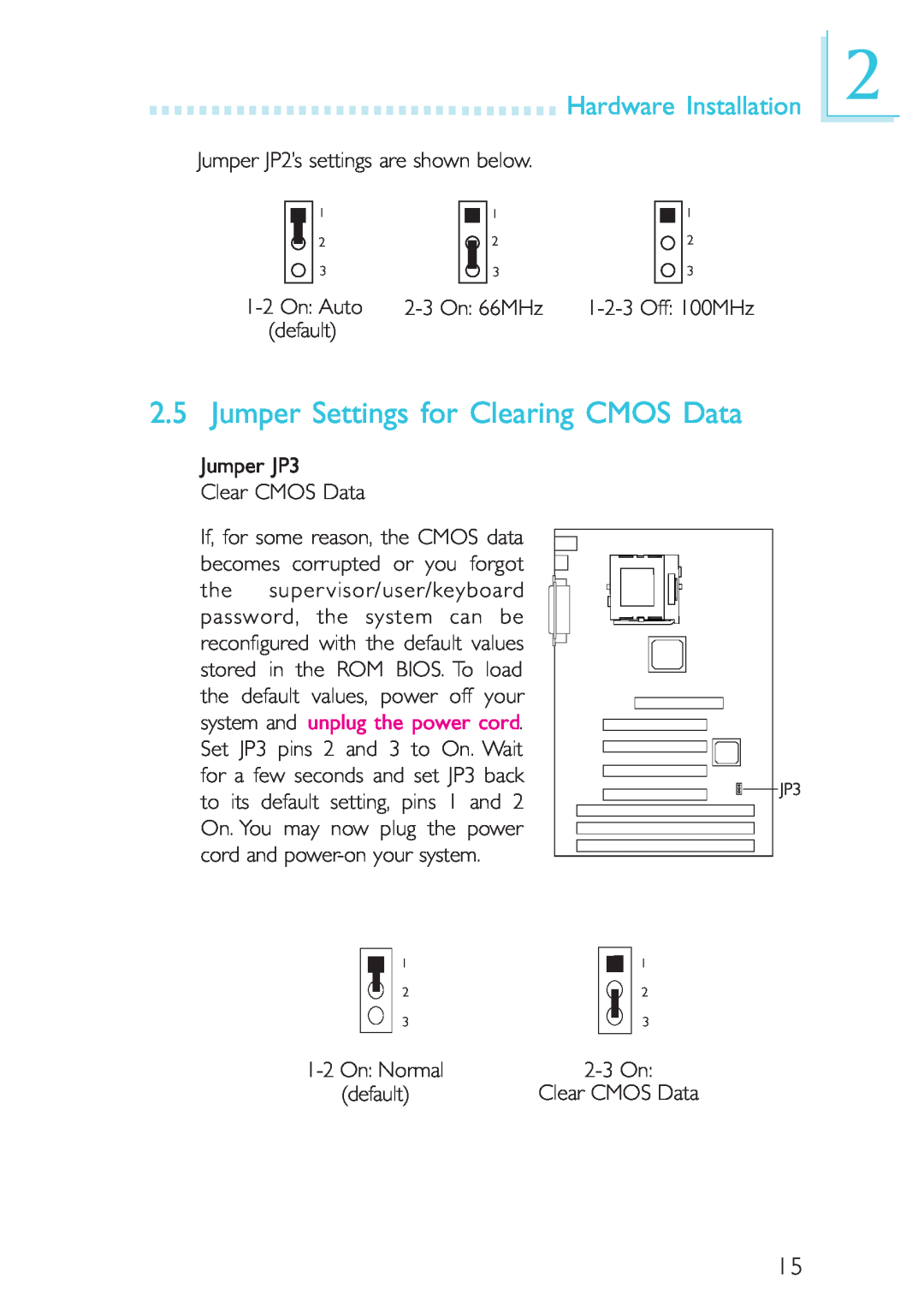 Intel CB60-ZX manual Jumper Settings for Clearing CMOS Data, Hardware Installation, Jumper JP2’s settings are shown below 