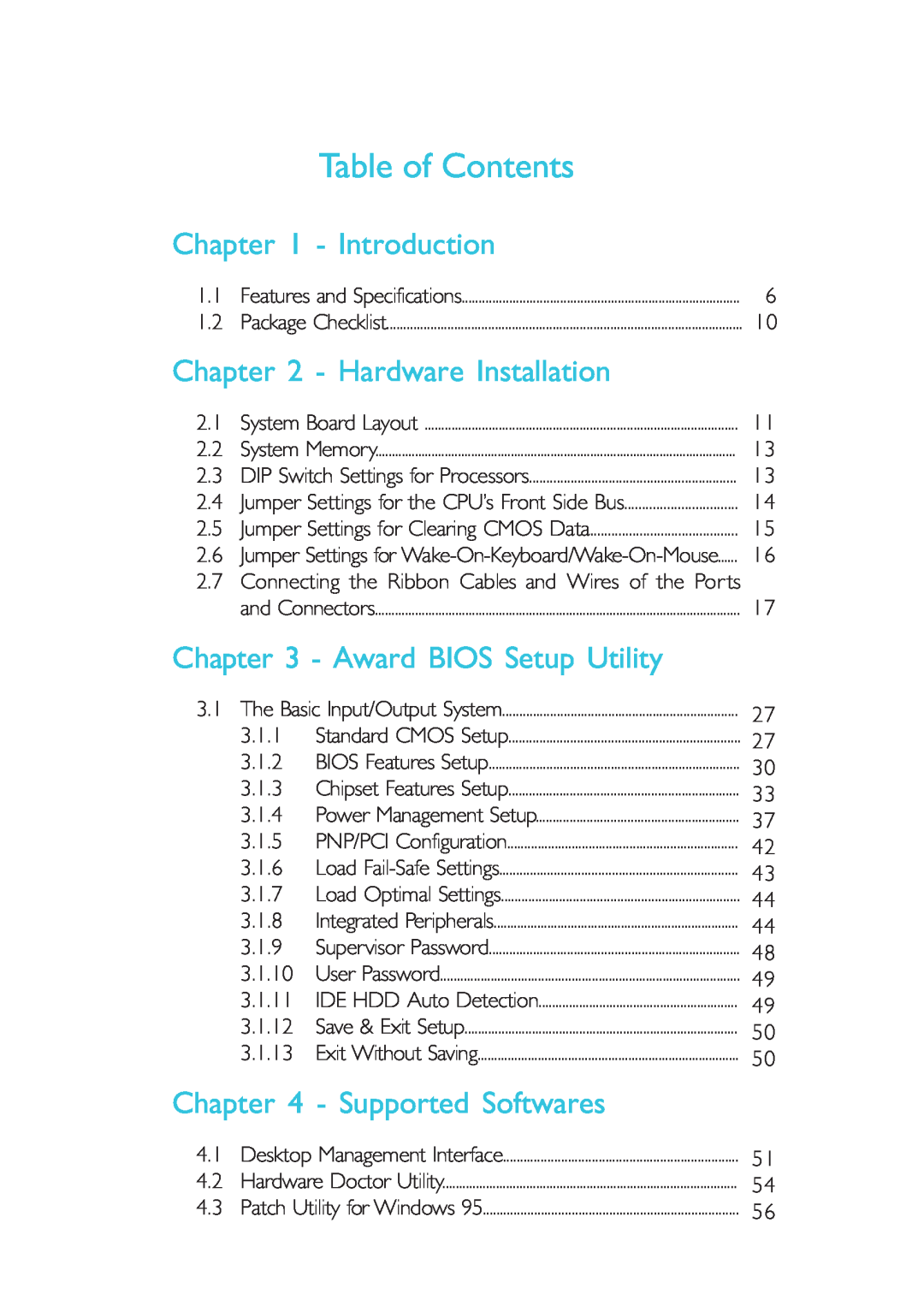 Intel CB60-BX manual Table of Contents, Introduction, Hardware Installation, Award BIOS Setup Utility, Supported Softwares 