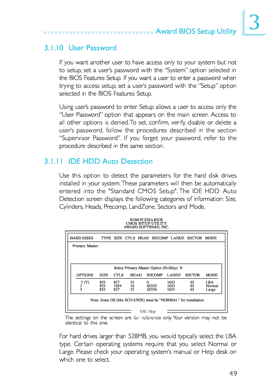 Intel CB60-ZX, CB60-BX manual Award BIOS Setup Utility 3.1.10 User Password, IDE HDD Auto Detection 
