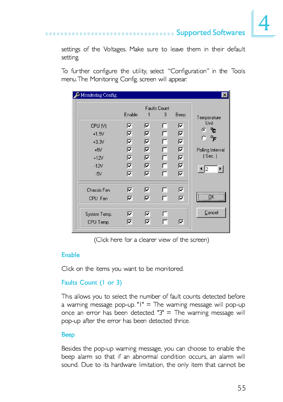 Intel CB60-ZX, CB60-BX manual Enable, Faults Count 1 or, Beep, Supported Softwares 