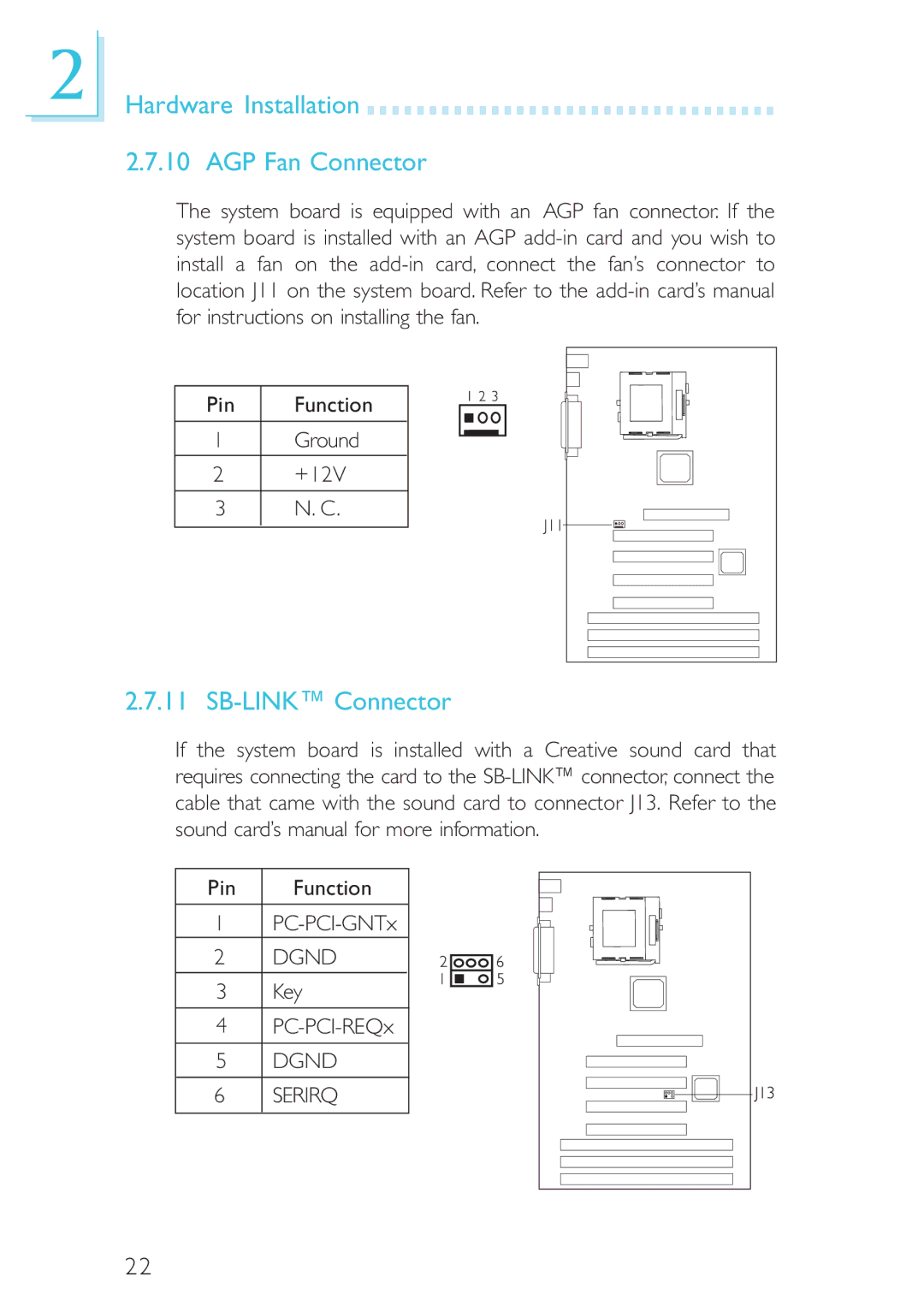 Intel CB60-BX, CB60-ZX manual Hardware Installation AGP Fan Connector, SB-LINK Connector 