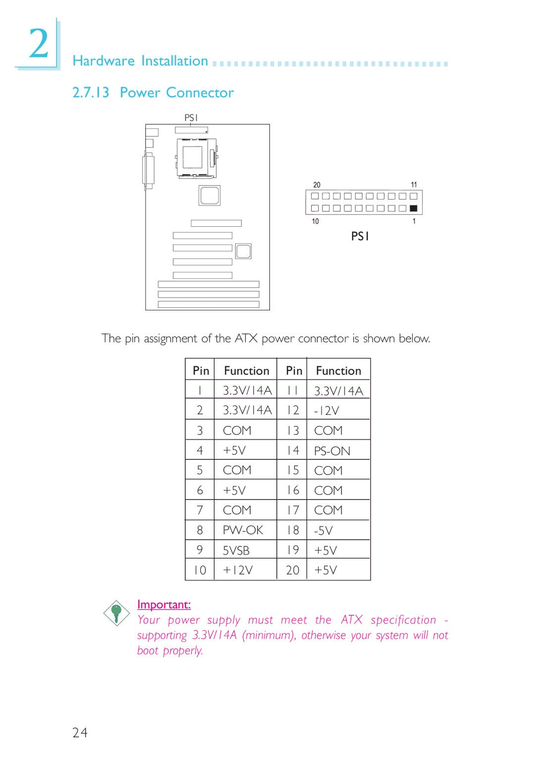 Intel CB60-BX, CB60-ZX manual Hardware Installation Power Connector, COM PW-OK 5VSB 