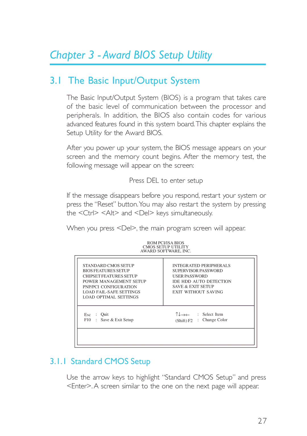 Intel CB60-ZX, CB60-BX manual Award Bios Setup Utility, Basic Input/Output System, Standard Cmos Setup 