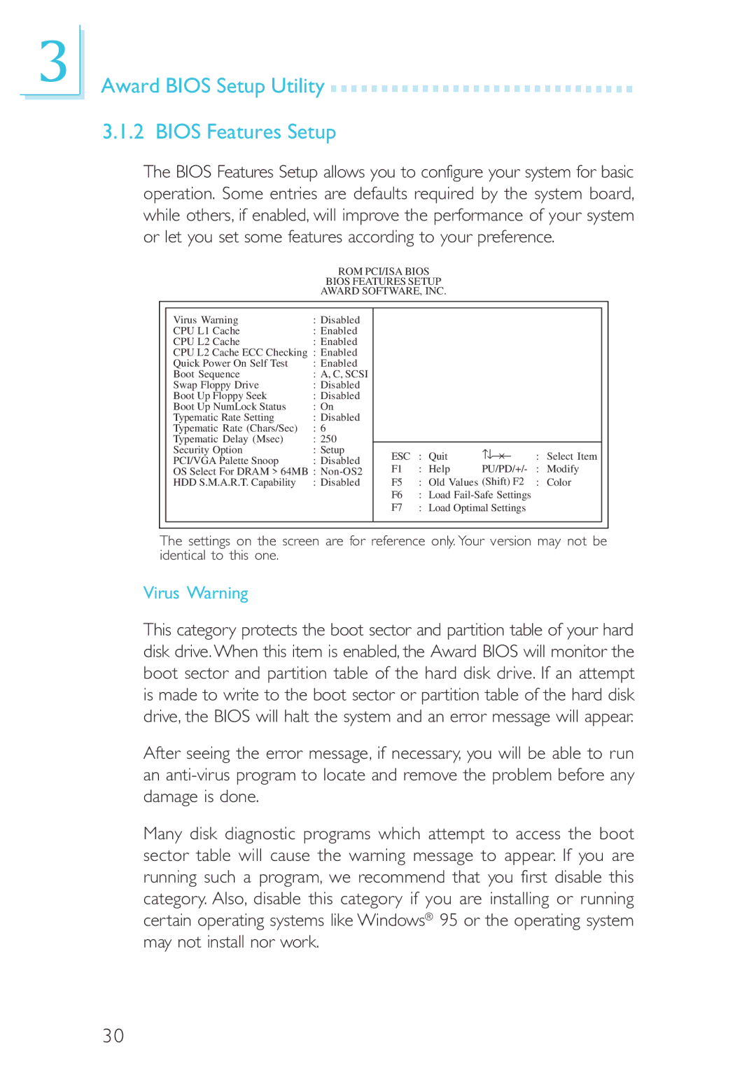 Intel CB60-BX, CB60-ZX manual Award Bios Setup Utility Bios Features Setup, Virus Warning 