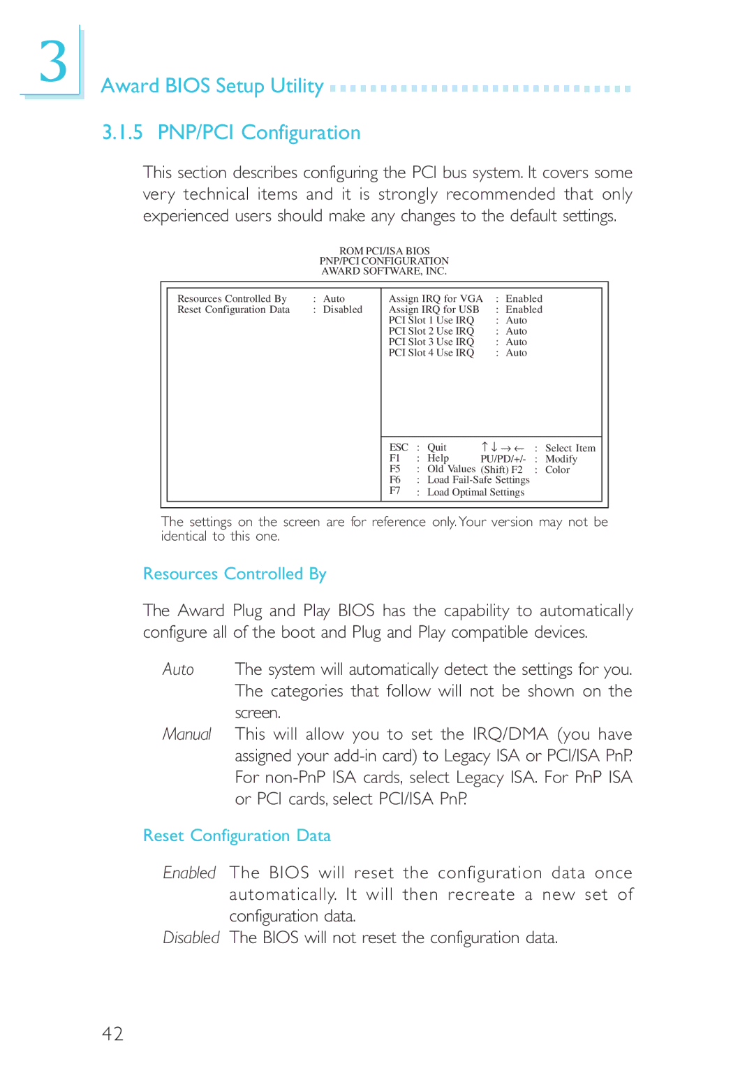 Intel CB60-BX, CB60-ZX Award Bios Setup Utility 5 PNP/PCI Configuration, Resources Controlled By, Reset Configuration Data 