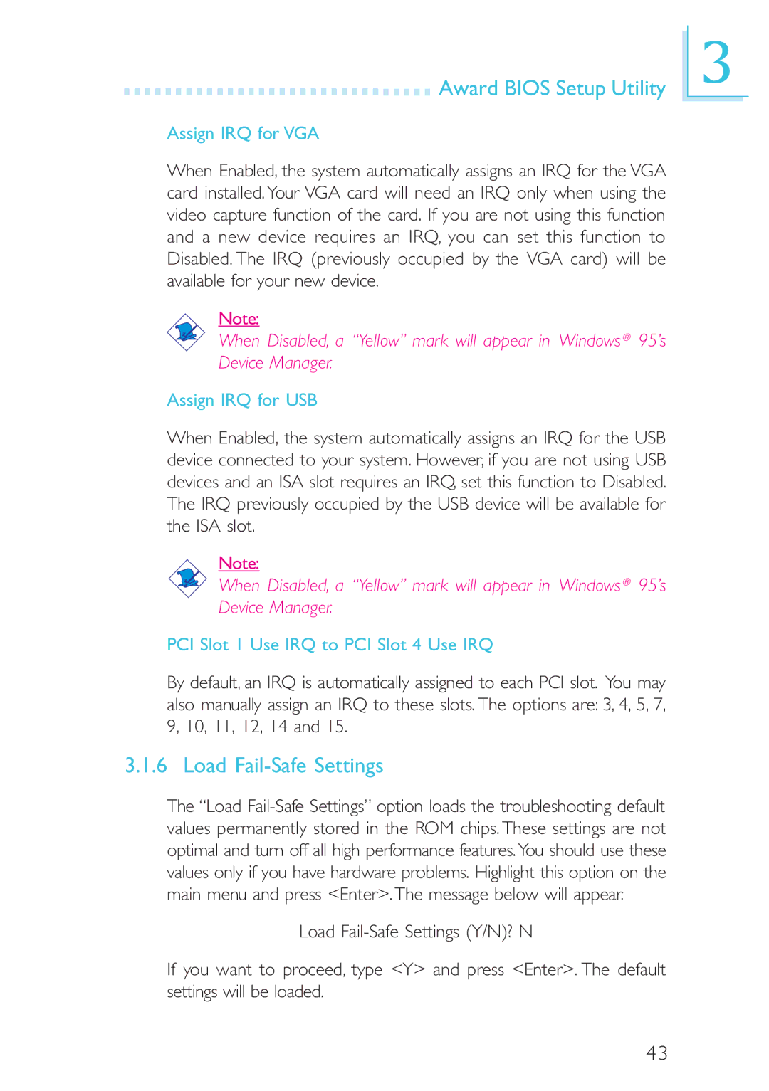 Intel CB60-ZX Load Fail-Safe Settings, Assign IRQ for VGA, Assign IRQ for USB, PCI Slot 1 Use IRQ to PCI Slot 4 Use IRQ 