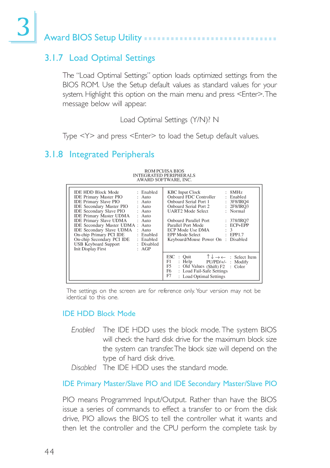 Intel CB60-BX, CB60-ZX manual Award Bios Setup Utility Load Optimal Settings, Integrated Peripherals, IDE HDD Block Mode 