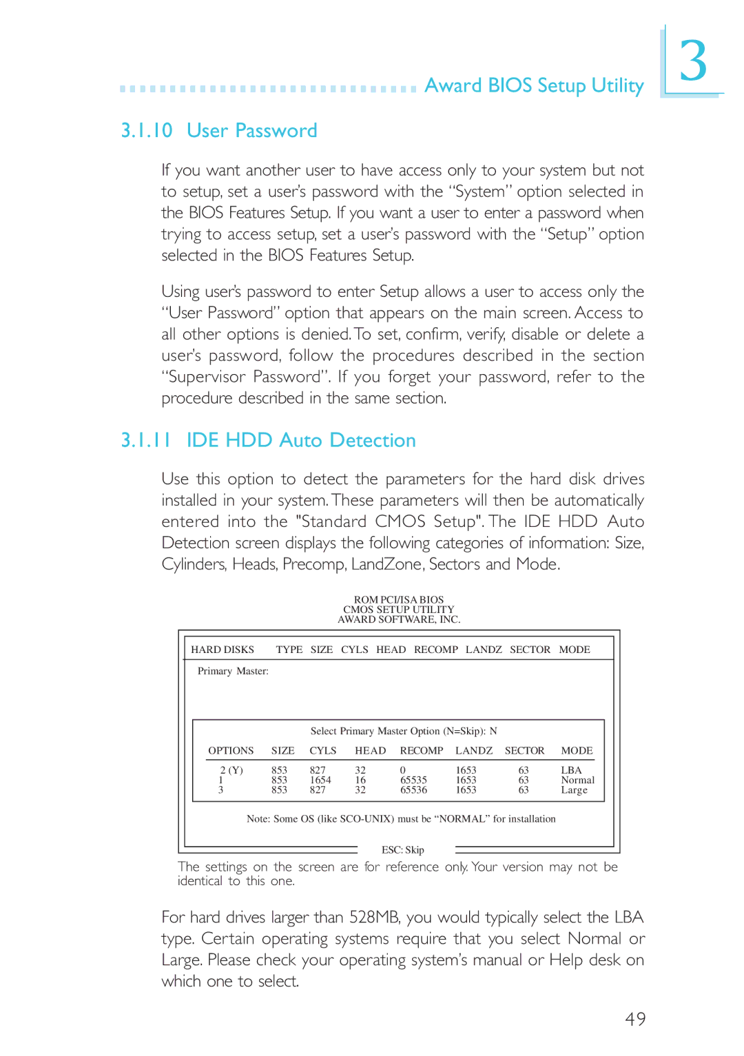 Intel CB60-ZX, CB60-BX manual Award Bios Setup Utility User Password, IDE HDD Auto Detection 