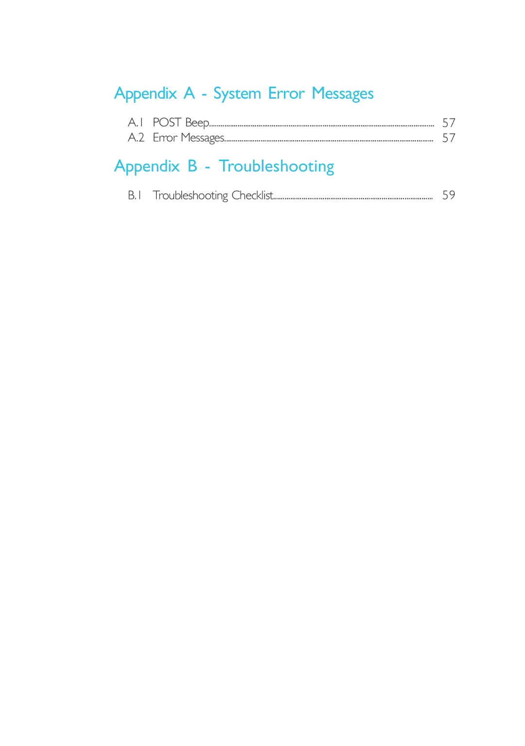 Intel CB60-ZX, CB60-BX manual Appendix a System Error Messages, Appendix B Troubleshooting 