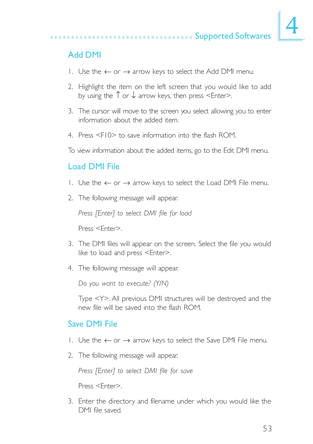 Intel CB60-ZX, CB60-BX manual Supported Softwares Add DMI, Load DMI File, Save DMI File 