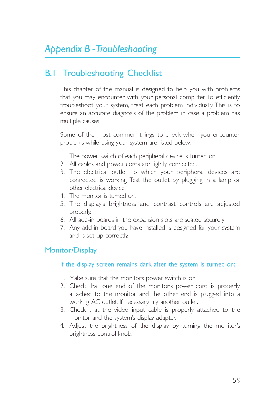 Intel CB60-ZX, CB60-BX manual Appendix B -Troubleshooting, Troubleshooting Checklist, Monitor/Display 