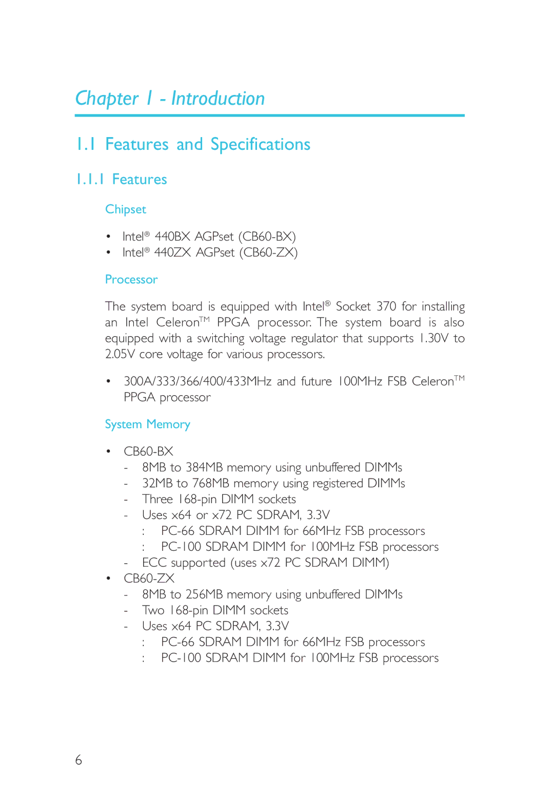 Intel CB60-BX, CB60-ZX manual Introduction, Features and Specifications 