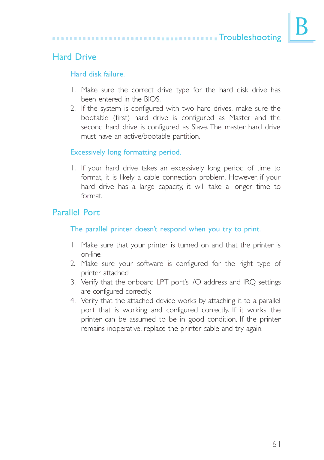 Intel CB60-ZX, CB60-BX manual Troubleshooting Hard Drive, Parallel Port 
