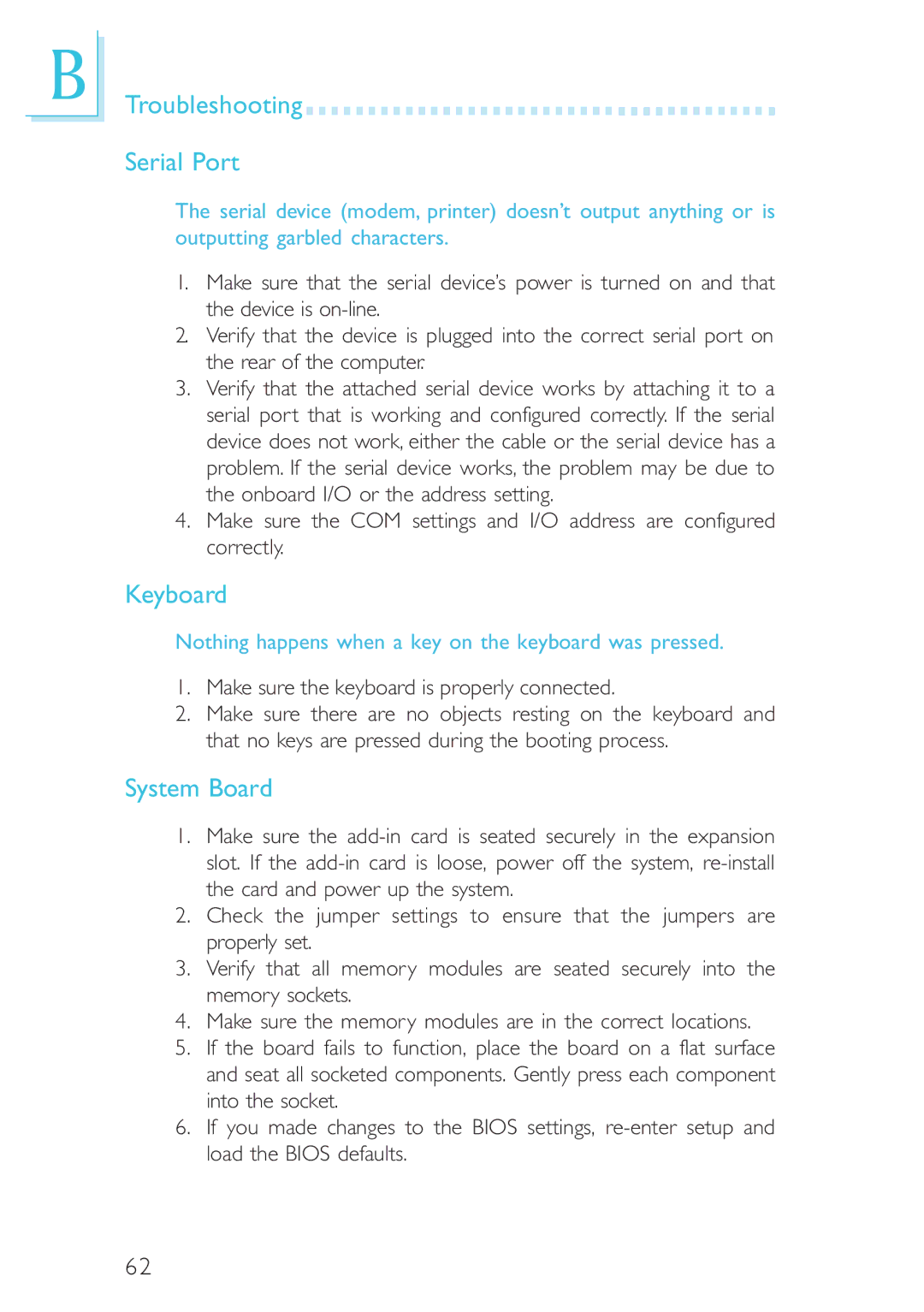 Intel CB60-BX, CB60-ZX manual Troubleshooting Serial Port, Keyboard, System Board 