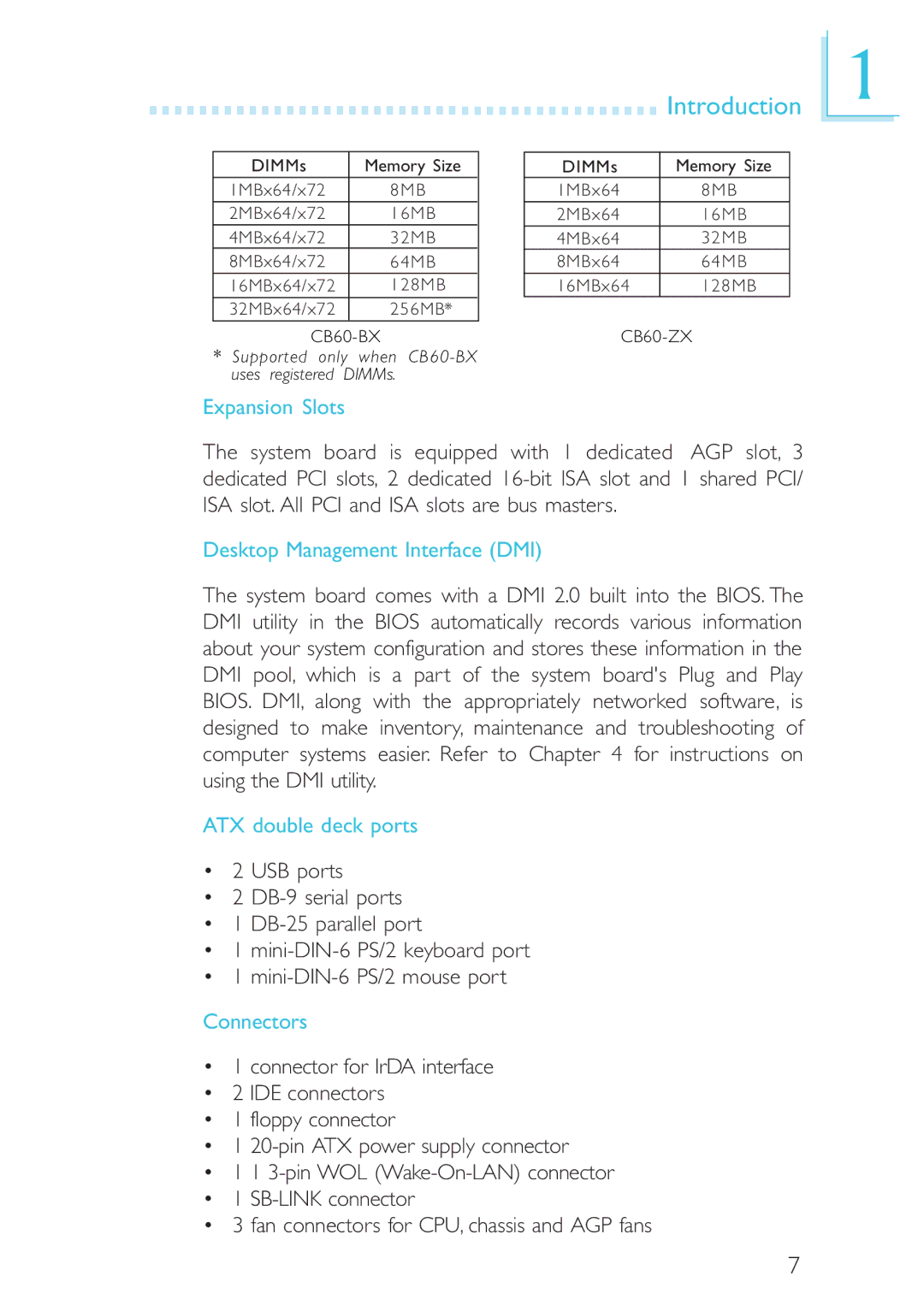 Intel CB60-ZX, CB60-BX Introduction, Expansion Slots, Desktop Management Interface DMI, ATX double deck ports, Connectors 