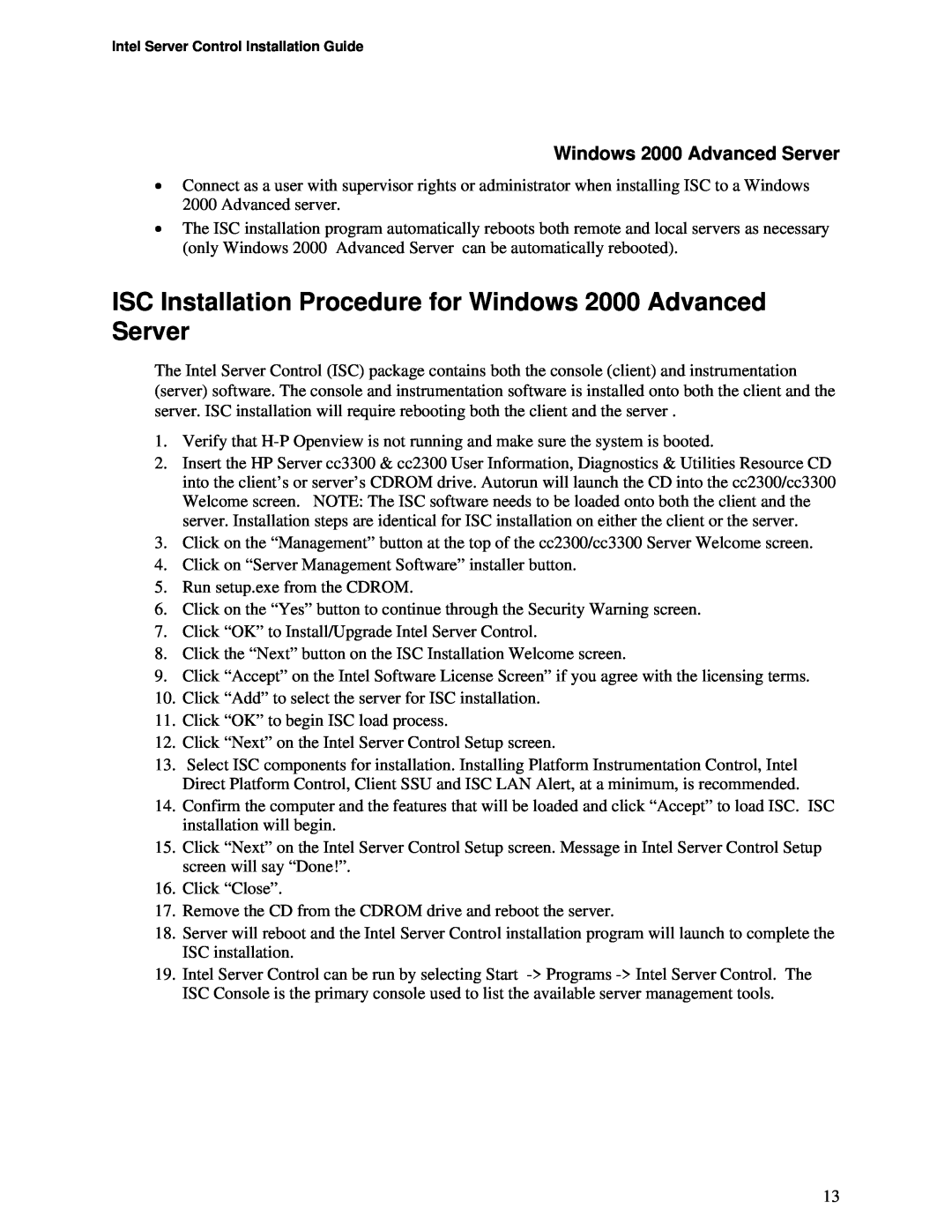 Intel cc2300, cc3300 manual Windows 2000 Advanced Server 