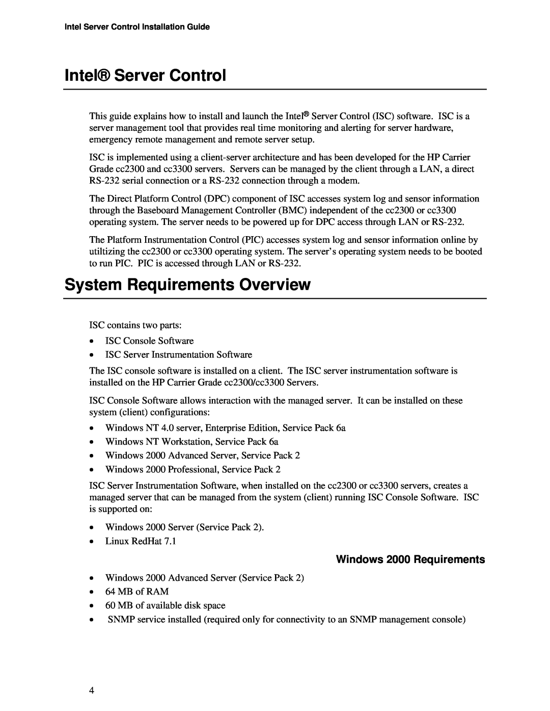 Intel cc3300, cc2300 manual Intel Server Control, System Requirements Overview, Windows 2000 Requirements 