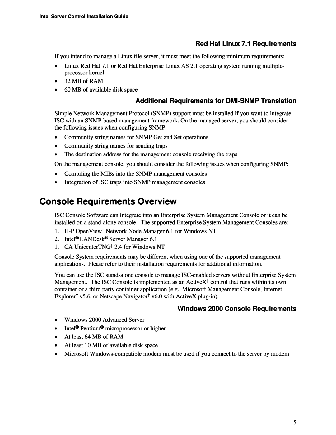 Intel cc2300, cc3300 manual Console Requirements Overview, Red Hat Linux 7.1 Requirements, Windows 2000 Console Requirements 