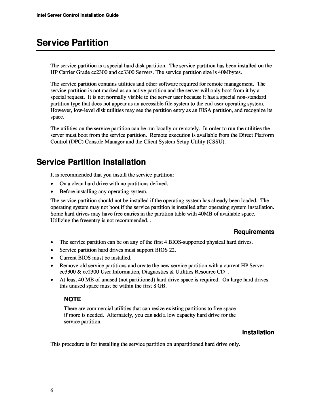 Intel cc3300, cc2300 manual Service Partition Installation 