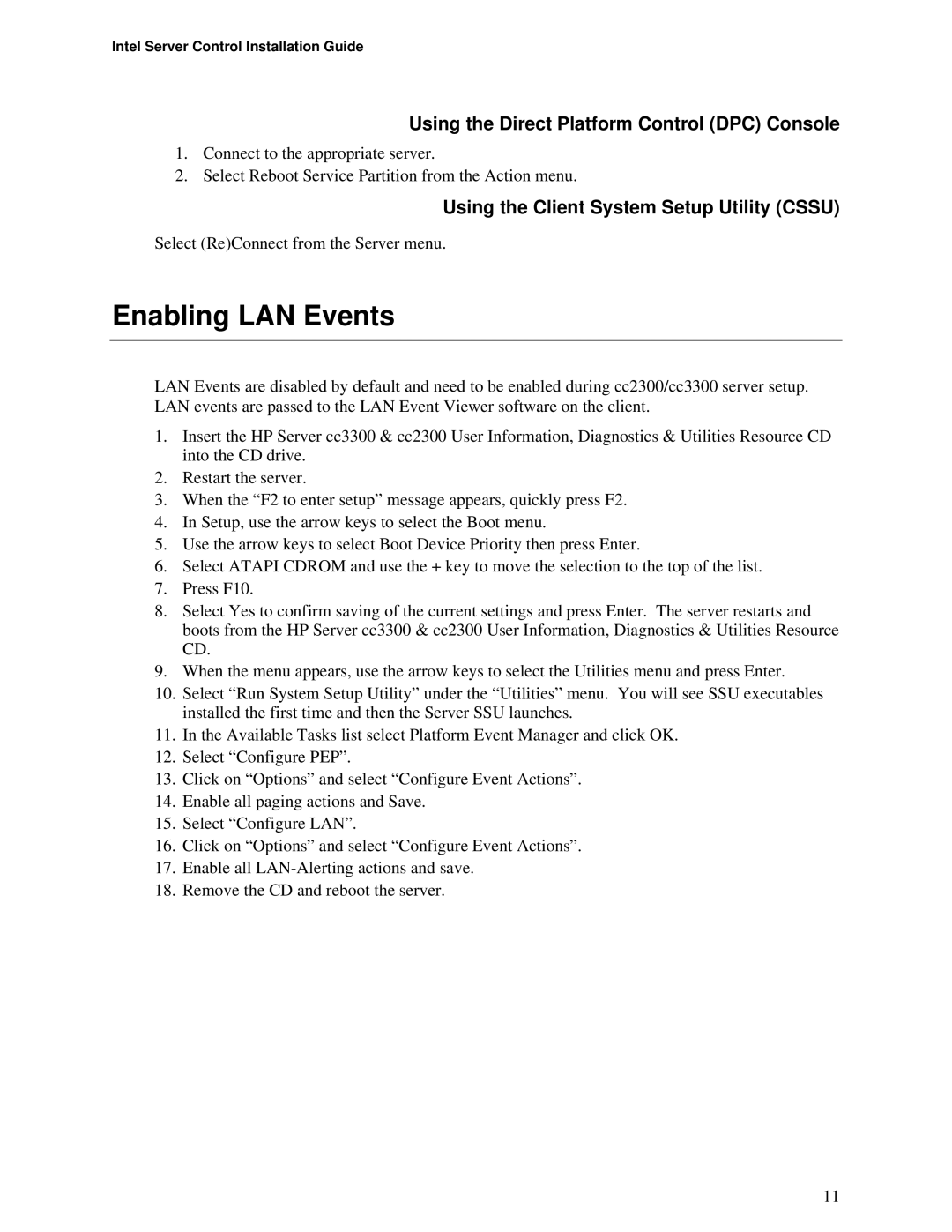 Intel cc2300, cc3300 manual Enabling LAN Events, Using the Direct Platform Control DPC Console 