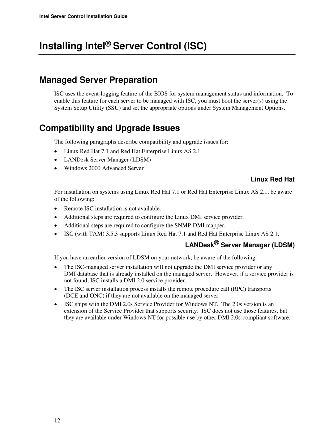 Intel cc3300, cc2300 Installing Intel Server Control ISC, Managed Server Preparation, Compatibility and Upgrade Issues 